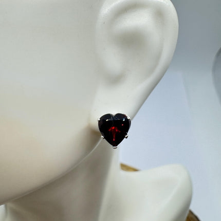 Vintage Red Garnet Heart 925 Sterling Silver Stud Earrings