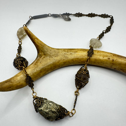 Vintage Pyrite Crystal Bronze Necklace Gold Pyrite