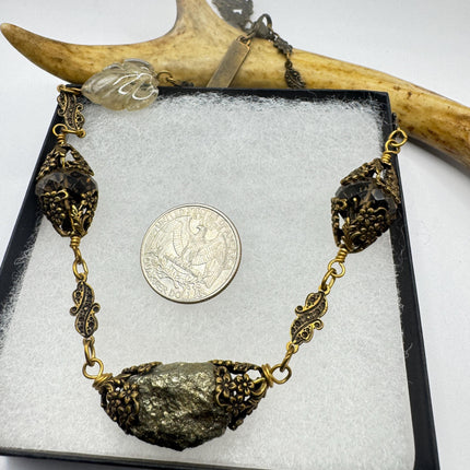 Vintage Pyrite Crystal Bronze Necklace Gold Pyrite