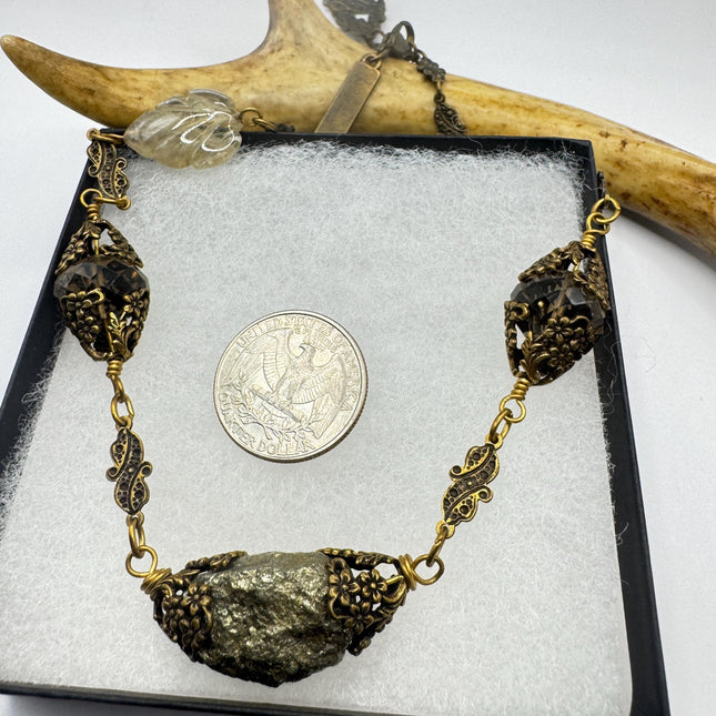 Vintage Pyrite Crystal Bronze Necklace Gold Pyrite