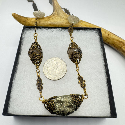 Vintage Pyrite Crystal Bronze Necklace Gold Pyrite