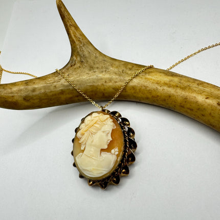 Vintage Cameo Pendant Necklace: Gold Filled Charm with Matching Chain Pin Brooch