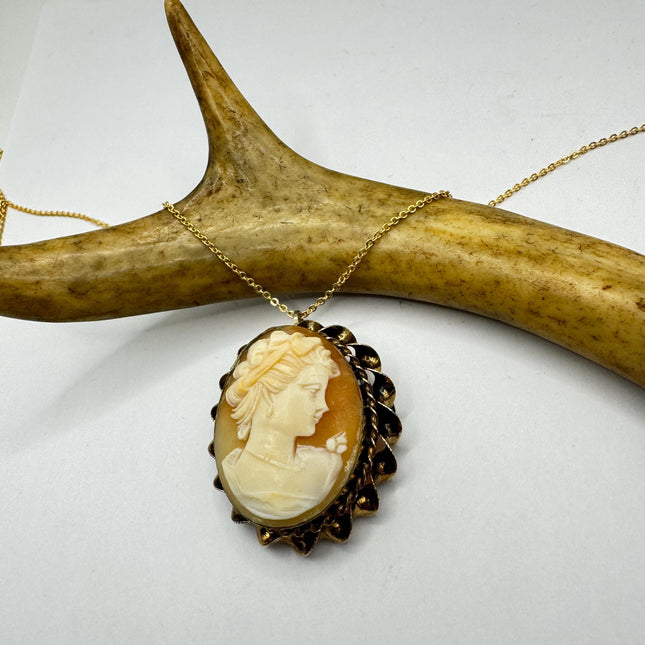 Vintage Cameo Pendant Necklace: Gold Filled Charm with Matching Chain Pin Brooch