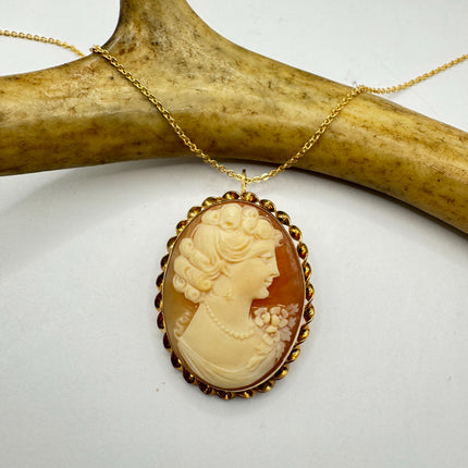 Vintage Cameo Pendant Necklace: Gold Filled Charm with Matching Chain Pin Brooch