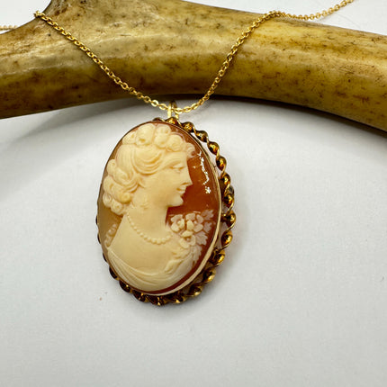 Vintage Cameo Pendant Necklace: Gold Filled Charm with Matching Chain Pin Brooch