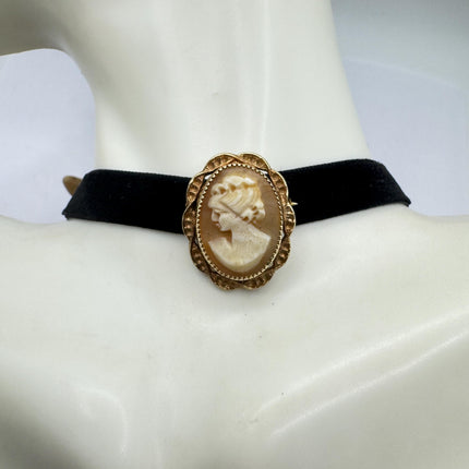 Vintage Carved Shell Cameo Brooch Pin: Gold Filled, Black Velvet Choker