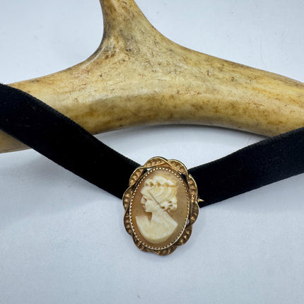 Vintage Carved Shell Cameo Brooch Pin: Gold Filled, Black Velvet Choker
