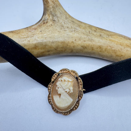 Vintage Carved Shell Cameo Brooch Pin: Gold Filled, Black Velvet Choker