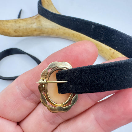 Vintage Carved Shell Cameo Brooch Pin: Gold Filled, Black Velvet Choker