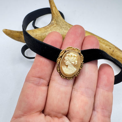 Vintage Carved Shell Cameo Brooch Pin: Gold Filled, Black Velvet Choker