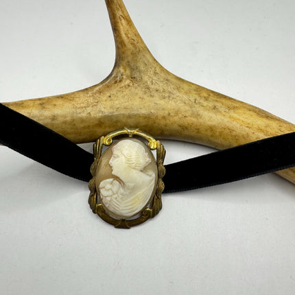Vintage Carved Shell Cameo Brooch Pin: Gold Filled, Black Velvet Choker