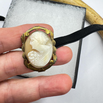 Vintage Carved Shell Cameo Brooch Pin: Gold Filled, Black Velvet Choker