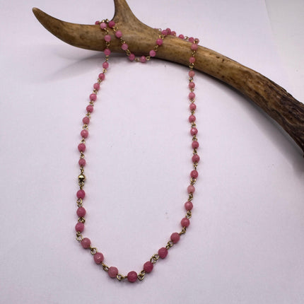Vintage Rose Cherry Quartz Gold Filled Beaded Necklace: Minimalist Gemstone Jumprope Style
