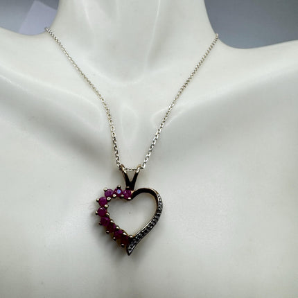 Vintage Ruby and Diamond Heart Necklace: Dainty Gold Sterling Silver Chain