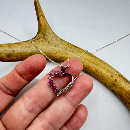 Vintage Ruby and Diamond Heart Necklace: Dainty Gold Sterling Silver Chain