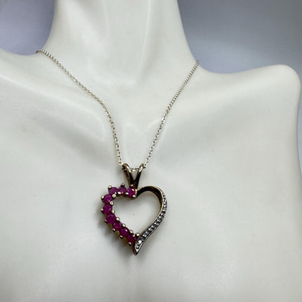 Vintage Ruby and Diamond Heart Necklace: Dainty Gold Sterling Silver Chain