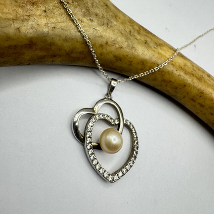 Vintage Pearl Heart White Sapphire Necklace - Dainty 925 Sterling Silver Chain, Delicate Design