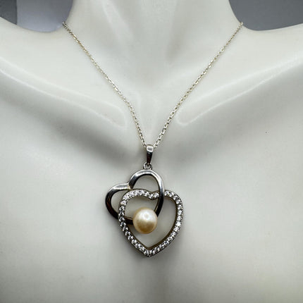 Vintage Pearl Heart White Sapphire Necklace - Dainty 925 Sterling Silver Chain, Delicate Design