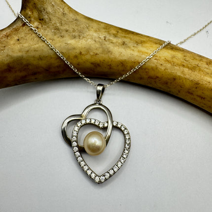 Vintage Pearl Heart White Sapphire Necklace - Dainty 925 Sterling Silver Chain, Delicate Design