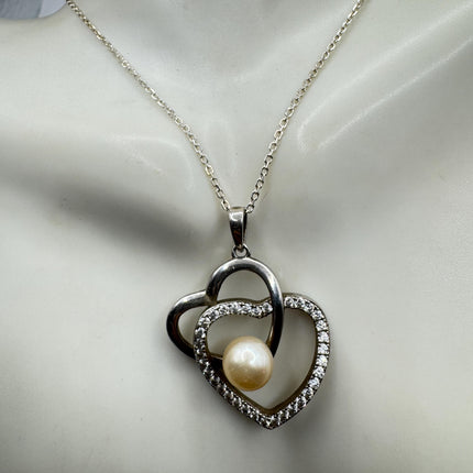 Vintage Pearl Heart White Sapphire Necklace - Dainty 925 Sterling Silver Chain, Delicate Design