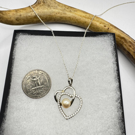 Vintage Pearl Heart White Sapphire Necklace - Dainty 925 Sterling Silver Chain, Delicate Design
