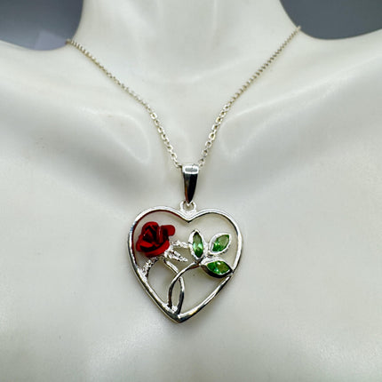 Vintage Red Rose Heart 925 Sterling Silver Chain Necklace