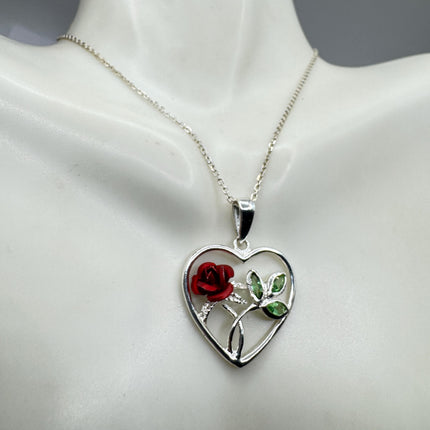 Vintage Red Rose Heart 925 Sterling Silver Chain Necklace