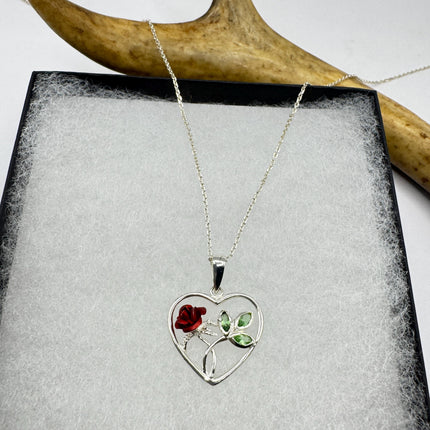 Vintage Red Rose Heart 925 Sterling Silver Chain Necklace