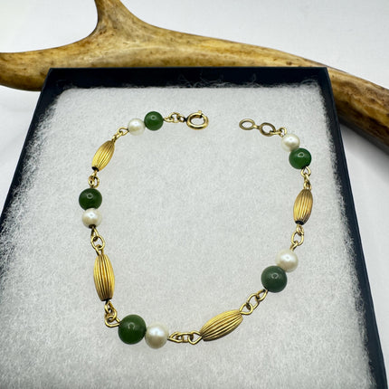 Vintage Green Jade Gold Filled Bracelet - Minimal Everyday Layered Stacking - Dainty Simple Design