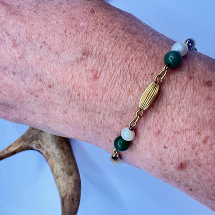 Vintage Green Jade Gold Filled Bracelet - Minimal Everyday Layered Stacking - Dainty Simple Design