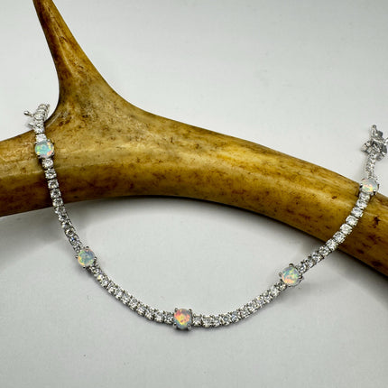 Vintage Fire Opal Tennis Bracelet | Sterling Silver CZ | Elegant Bridal & Gift Jewelry