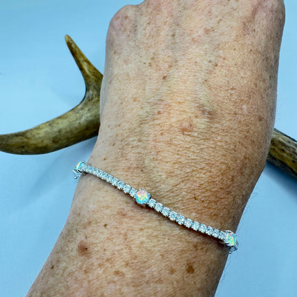 Vintage Fire Opal Tennis Bracelet | Sterling Silver CZ | Elegant Bridal & Gift Jewelry