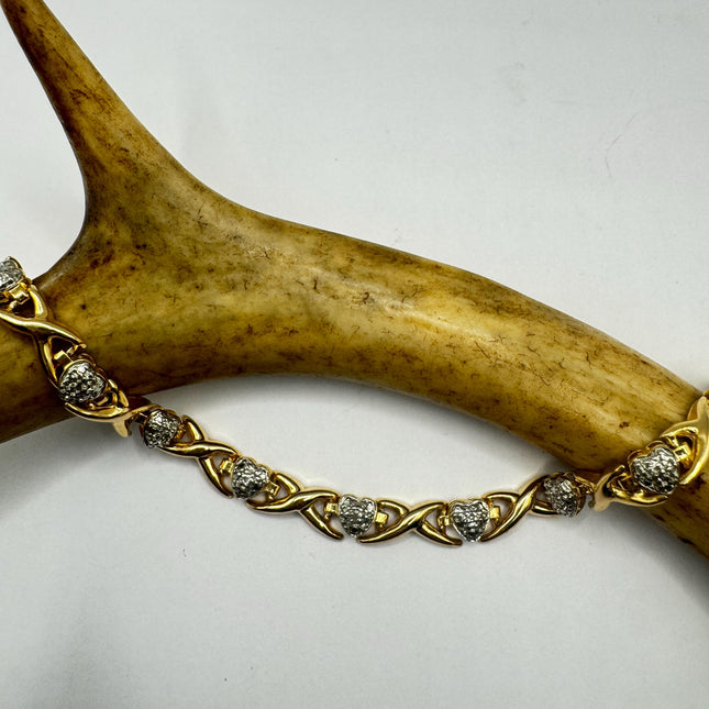 Vintage Diamond Chip Heart Tennis Bracelet: Golden Sterling Silver XO Jewelry
