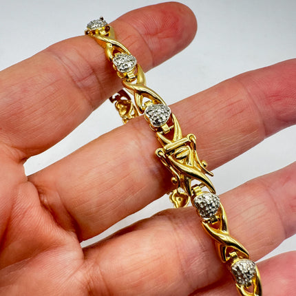 Vintage Diamond Chip Heart Tennis Bracelet: Golden Sterling Silver XO Jewelry