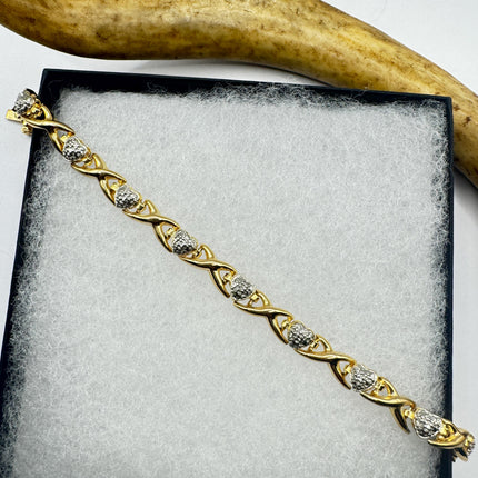 Vintage Diamond Chip Heart Tennis Bracelet: Golden Sterling Silver XO Jewelry