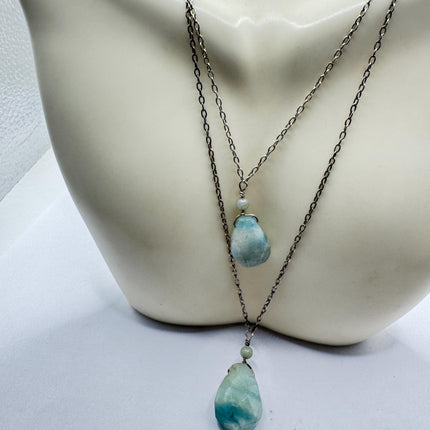 Vintage Sterling Silver Double Green Amazonite Y Necklace Layered Stacking