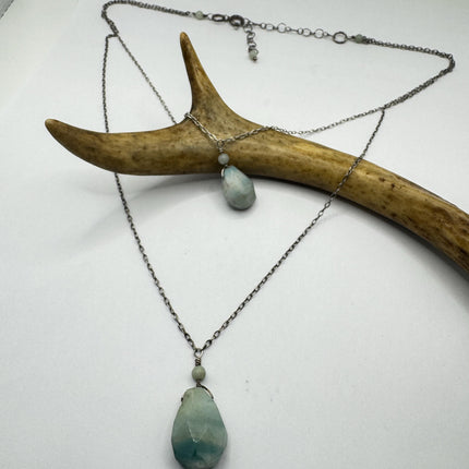 Vintage Sterling Silver Double Green Amazonite Y Necklace Layered Stacking