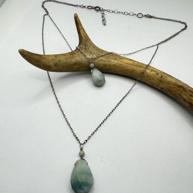 Vintage Sterling Silver Double Green Amazonite Y Necklace Layered Stacking