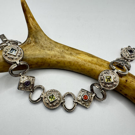 Vintage Mixed Gemstone Tennis Bracelet | Sterling Silver, Citrine, Amethyst, Peridot, Garnet