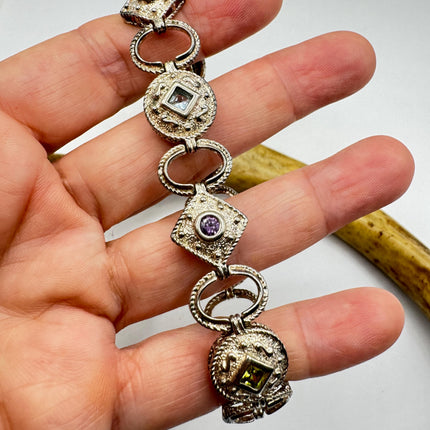 Vintage Mixed Gemstone Tennis Bracelet | Sterling Silver, Citrine, Amethyst, Peridot, Garnet