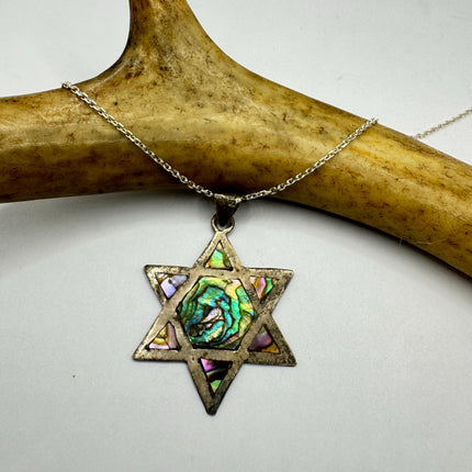 Vintage Sterling Silver Abalone Star of David Pendant Necklace: Etched Jewish Star