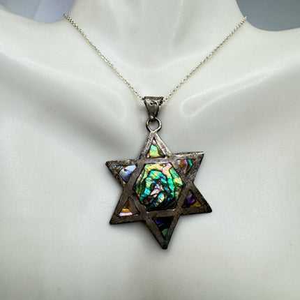 Vintage Sterling Silver Abalone Star of David Pendant Necklace: Etched Jewish Star