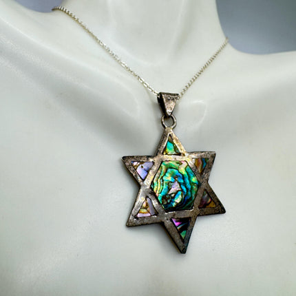 Vintage Sterling Silver Abalone Star of David Pendant Necklace: Etched Jewish Star