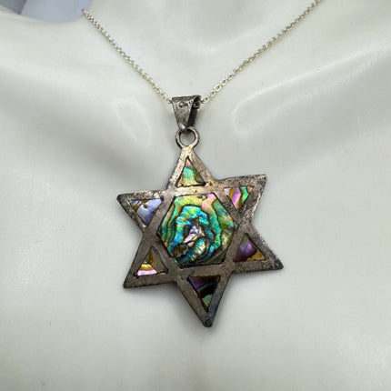 Vintage Sterling Silver Abalone Star of David Pendant Necklace: Etched Jewish Star