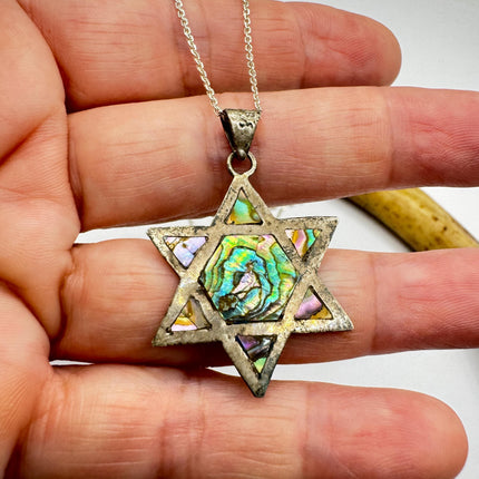 Vintage Sterling Silver Abalone Star of David Pendant Necklace: Etched Jewish Star