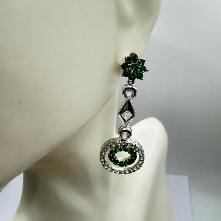 Vintage Emerald Green Chrome Diopside & White Sapphire 925 Sterling Silver Earrings