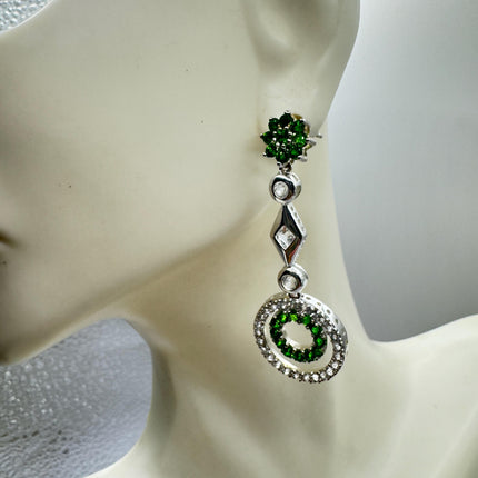 Vintage Emerald Green Chrome Diopside & White Sapphire 925 Sterling Silver Earrings
