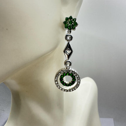 Vintage Emerald Green Chrome Diopside & White Sapphire 925 Sterling Silver Earrings