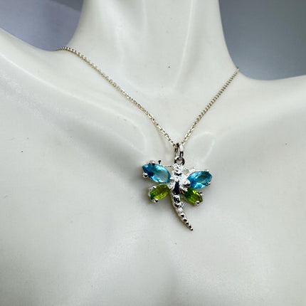 Vintage Blue Topaz Peridot Dragonfly Necklace - 925 Sterling Silver Chain