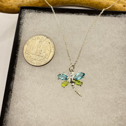 Vintage Blue Topaz Peridot Dragonfly Necklace - 925 Sterling Silver Chain